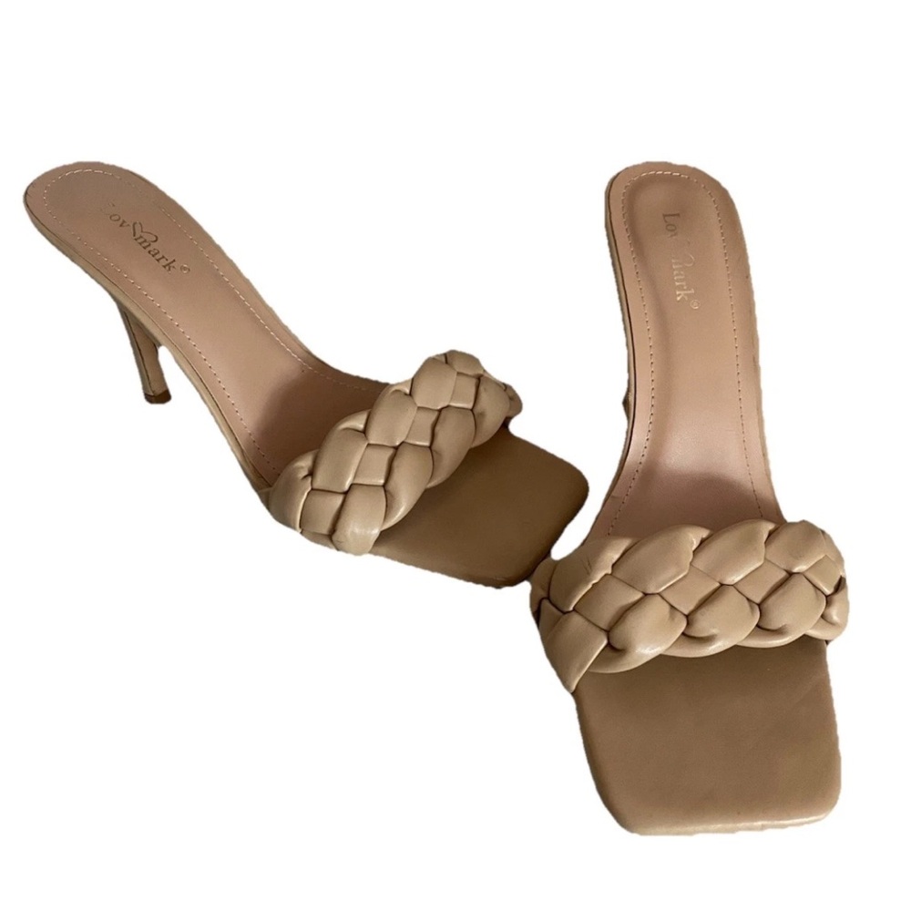 Lov Mark ❤️ Braided Strap Square Toe Ashley Mule Heeled Sandal Women’s Sz 8 Nude - Picture 9 of 13